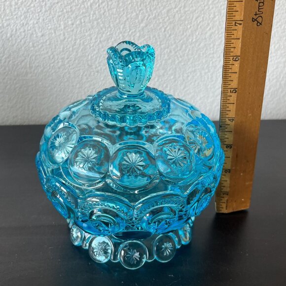 Westmoreland Glass Covered Candy Dish // Moon and Stars Pattern // Aqua Blue - Picture 8 of 9